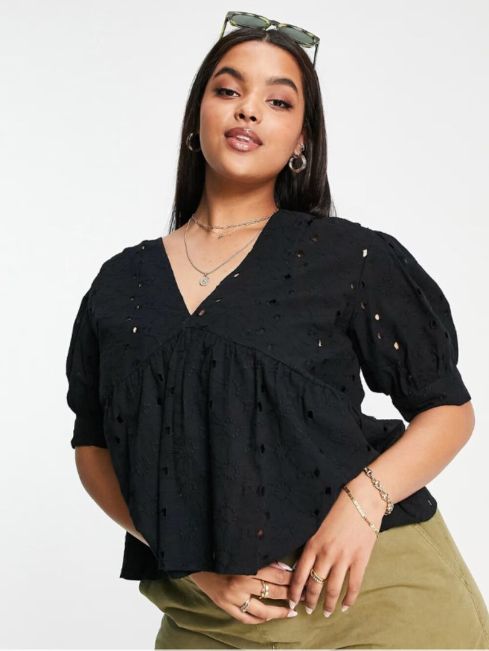ASOS Design Curve Broderie Smock Top with Peplum Hem & Puff Sleeve in Black